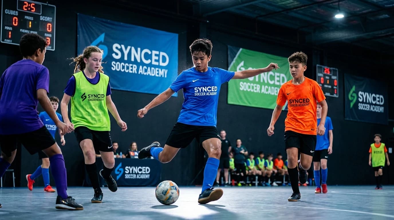 Kids playing futsal on indoor court